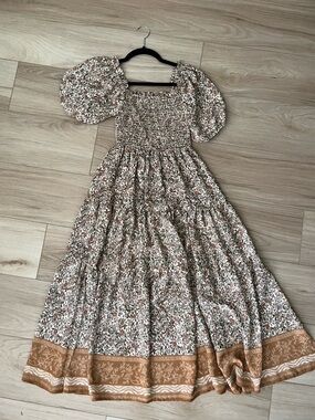 Francesca's Collections Floral Midi Dress in Cream and Brown